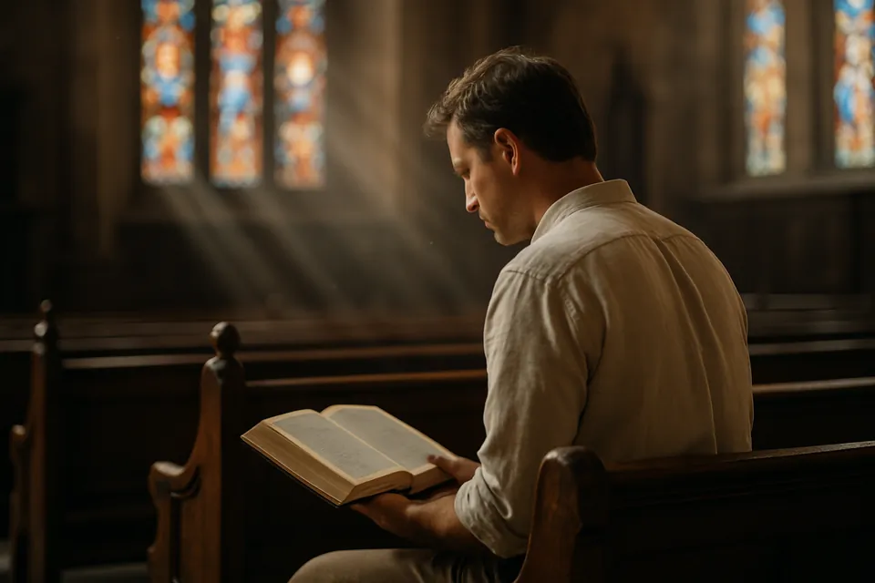 Catholic layman reading the Bible on a church pew, stained glass in the background